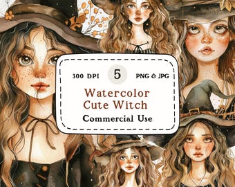 Watercolor Witch Clipart Set – Cute Autumn Portraits (Digital Download)