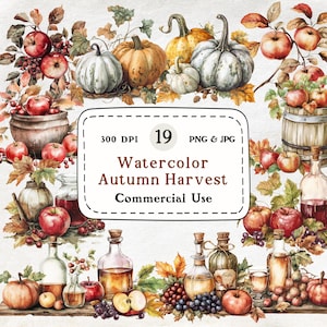 Herbsternte - 19 Aquarell Clipart Set, Herbst Essen, Kürbisse, Äpfel, Herbstblätter, digitaler Download, Scrapbooking, kommerzielle Nutzung
