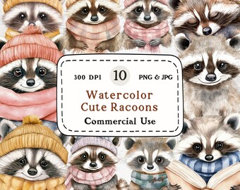 Watercolor Raccoon Clipart Set, Woodland Animals, Christmas Nursery (Digital Download)