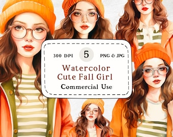 Set di clipart di ragazze autunnali ad acquerello: 5 illustrazioni PNG (download digitale)