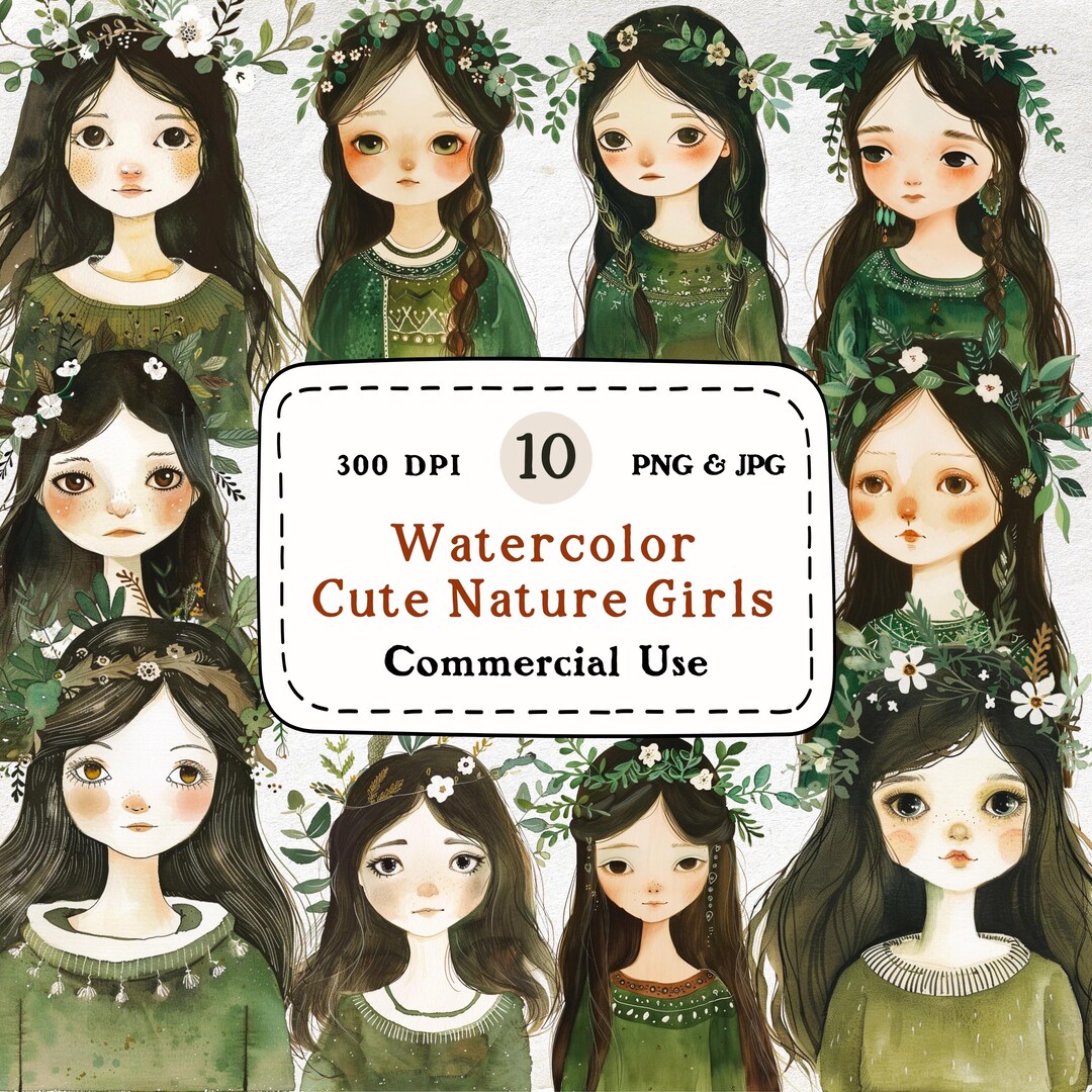 Cute Nature Girls - 10 Watercolor Clipart Set, Little Girl Clipart ...