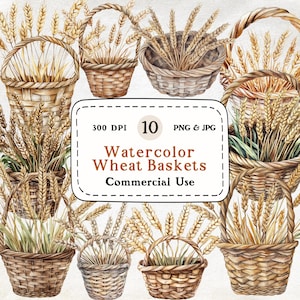 Cestas de trigo: conjunto de 10 imágenes prediseñadas de acuarela, imágenes prediseñadas de trigo, cesta de cereales, ilustración de cosecha, descarga digital, álbum de recortes, uso comercial