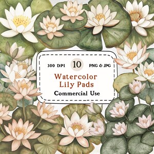 Nenúfar - Conjunto de 10 clipart em aquarela, almofadas de nenúfar, clipart floral, flores aquáticas, ilustração de jardim zen, flor de lago espiritual, arte da natureza