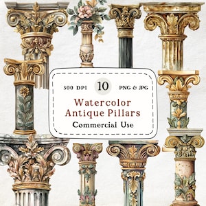 Puede incluir: Columnas antiguas de acuarela en varios diseños, con capiteles ornamentados y tallas detalladas. La imagen incluye una variedad de colores, incluyendo dorado, beige y verde. El texto en la imagen dice "Watercolor Antique Pillars Commercial Use".
