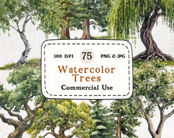 Watercolor Tree Clipart Set – 75 Nature Illustrations (Digital Download)