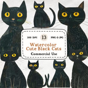 Lindos gatos negros: conjunto de 13 imágenes prediseñadas de acuarela, imágenes prediseñadas de gatos, caprichosas, dibujos animados de gatos, 300 DPI, descarga digital, álbumes de recortes, uso comercial