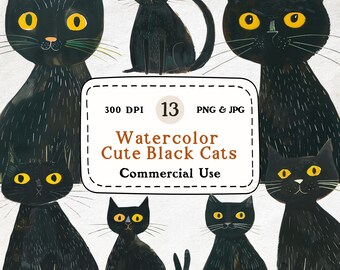Conjunto de imágenes prediseñadas de gatos negros en acuarela: 13 imágenes animadas (descarga digital)