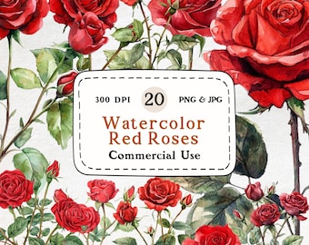 Red Rose Watercolor Clipart Set – Valentine's Day Floral Illustrations (Digital Download)