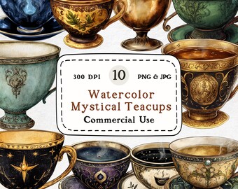 Clipart de xícara de chá em aquarela – Xícaras e pires místicos (PNG JPG)