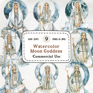 9 Moon Goddess Clipart, Watercolor Celestial Priestess, Mystical Lunar Deity PNG, Cosmic Spiritual Art for Divine Projects, Commercial Use