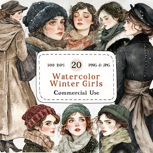 Chica de invierno - Conjunto de 20 imágenes prediseñadas de acuarela, imágenes prediseñadas de mujeres, ilustraciones de invierno, 300 DPI, descarga digital, álbum de recortes, uso comercial