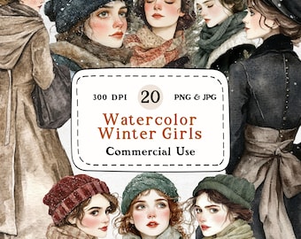 Winter Girl - 20 Watercolor Clipart Set, Women Clipart, Winter Illustrations, 300 DPI, Digital Download, Scrapbooking, Commercial Use
