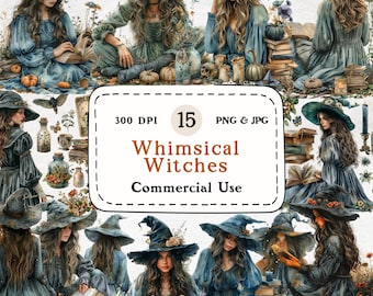 Watercolor Whimsical Witches Clipart Set – 15 PNG & JPG, Commercial Use (Digital Download)