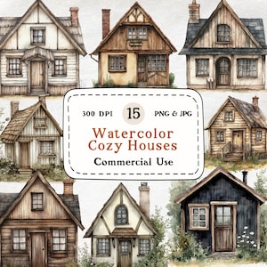 Cabanes confortables & cottages - Ensemble de 15 cliparts aquarelle, cabanes en bois, maisons rustiques, chalets des bois, esthétique Cottagecore, clipart maison confortable
