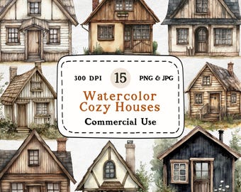 Watercolor Cottage Clipart Set – 15 Rustic Homes, Cozy Cabins (PNG & JPG)
