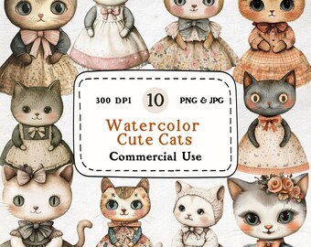 Könnte beinhalten: Aquarellillustration von zehn entzückenden Katzen, jede mit einzigartigen Fellmustern und in Kleidern im Vintage-Stil. Das Bild enthält den Text "Watercolor Cute Cats Commercial Use". Die Katzen haben große Augen und sind in verschiedenen Posen.