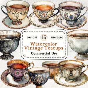 Tazze da tè vintage - Set di 15 clipart ad acquerello, tazze da tè antiche, arte del tea party, clipart da cucina, illustrazione di tazze da tè scure, clipart Cottagecore