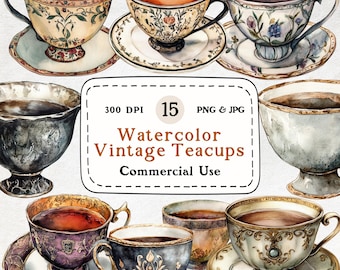 Ilustrações em aquarela de xícaras de chá vintage – Arte para festa do chá (Download digital)