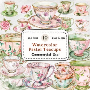 Tazze da tè color pastello - Set di 10 clipart ad acquerello, tazze da tè antiche, arte del tè party, clipart da cucina, illustrazione di tazze da tè, clipart in stile cottage.