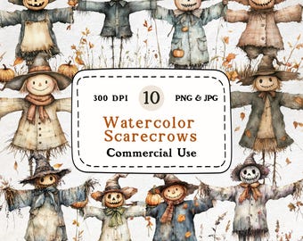 Aquarel vogelverschrikker clipartset – herfst Halloween downloads (PNG en JPG)