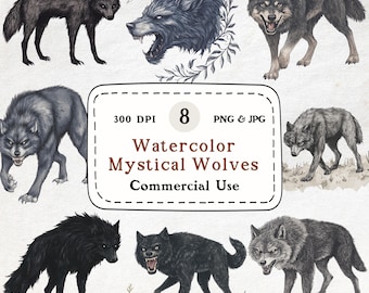 Watercolor Wolf Clipart Bundle, Mystical Forest Animal Art (PNG & JPG)