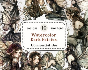 Dark Fairy Clipart Set – Gothic Watercolor Fantasy PNG (Digital Download)