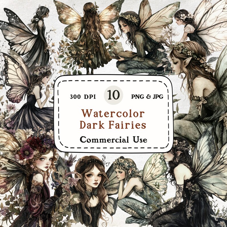 Dark Fairy Clipart Set – Gothic Watercolor Fantasy PNG (digital ...