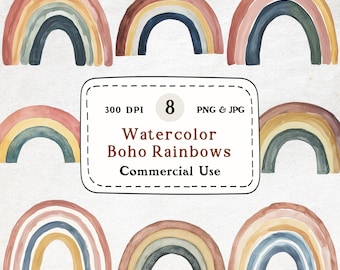 Watercolor Boho Rainbow Clipart Bundle, Nursery Art (PNG JPG)