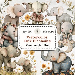 Cute Elephants - 7 Watercolor Clipart Set, Elephant Clipart, Whimsical, Animal Clipart, Nursery Art, Kid&#39;s Illustrations, Commercial Use