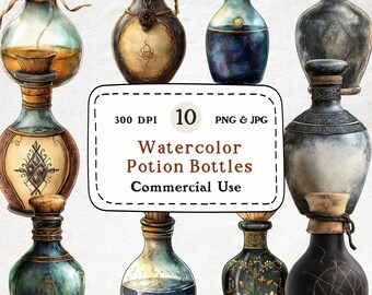 Botella de poción de acuarela: arte de elixir mágico (10 PNG y JPG)