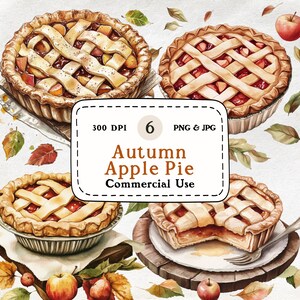Torta de Maçã - Conjunto de 6 clipart em aquarela, sobremesa de outono, comida de Ação de Graças, 300 DPI, download digital, scrapbooking, uso comercial