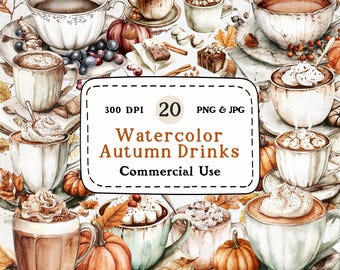 Watercolor Autumn Drinks Clipart – 20 Fall Beverage PNG JPG (Digital Download)