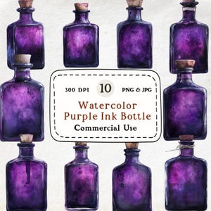 Purple Potion Bottles - 10 Watercolor Clipart Bundle, Magical Elixirs, Witchcraft, Apothecary Jars, Halloween Decor, Alchemy, Mystical Vials