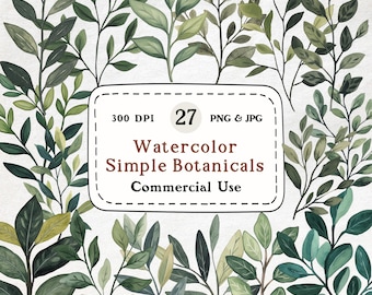 Op de afbeelding: Waterverfillustraties van eenvoudige botanische bladeren in verschillende groentinten. De afbeelding bevat meerdere takjes met bladeren en de tekst "Watercolor Simple Botanicals Commercial Use". De afbeelding bevat ook de tekst "300 DPI 27 PNG & JPG".