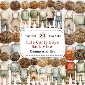 Petits garçons bouclés - ensemble de 24 cliparts aquarelle, illustration pour enfants, oeuvre d'art pour chambre d'enfant, couleurs neutres, jolis bébés garçons, vue arrière, adorable bambin