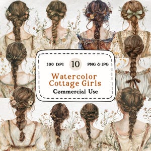Cottagcore Girls achteraanzicht-10 aquarel clipartset, vrouw clipart, leuke outfits, 300 dpi, digitale download, scrapbooking, commercieel gebruik