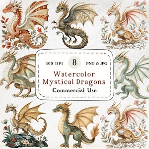 8 Watercolor Mystical Dragon Clipart Bundle – Fantasy Dragons, Magic Creatures, Fairytale Art, Scrapbooking, Sublimation, Printable Stickers