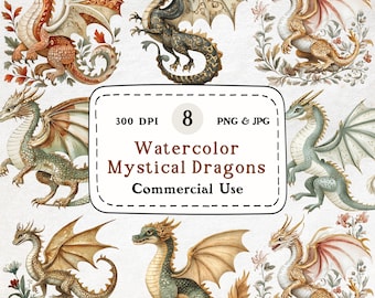 Watercolor Mystical Dragon Clipart Bundle – Fantasy Art (PNG & JPG)