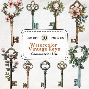 Vintage Keys - 10 akwarelowych clipartów, ilustracja klucza antycznego, klucze w stylu wiktoriańskim, rustykalne cliparty, klucz szkieletowy, zastosowanie komercyjne