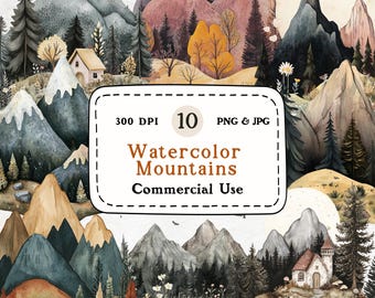 Imágenes prediseñadas de montaña en acuarela: ilustraciones de paisajes (descarga digital)