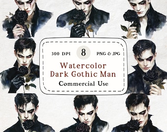 Ritratti di rose di vampiri ad acquerello / Clipart maschile in stile gotico oscuro (download digitale)