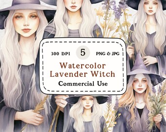 Lavendel Hexe Portrait - 5 Aquarell Illustrationen (Digitaler Download)