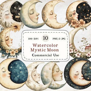 Mystic Moon - 10 Watercolor Clipart, Crescent Moon Face PNG, Night Sky Stars, Floral Moons, Magical Celestial Art, Vintage Boho Moon Bundle