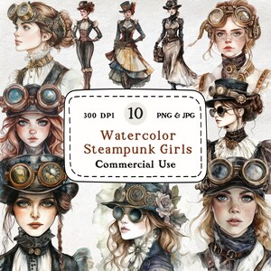 Op de afbeelding: Waterverfillustraties van steampunk-meisjes met brillen, hoeden en Victoriaanse kleding. De afbeelding bevat de tekst "Watercolor Steampunk Girls Commercial Use". De afbeelding is in PNG- en JPG-formaat.