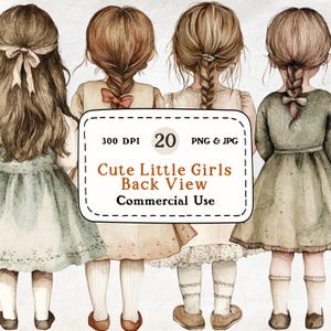 Bambine carine con vista posteriore - Set di 20 clipart ad acquerello, illustrazione per bambini, arte per bambini, colori neutri, PNG Cottagecore, uso commerciale