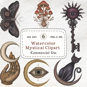 Może przedstawiać: Akwarelowa mistyczna grafika clipart przedstawiająca ciemną ćmę, grzyby, klucz z okiem, dłoń trzymającą półksiężyc, oko w półksiężycu i czarnego kota na półksiężycu. Tekst brzmi "Watercolor Mystical Clipart Commercial Use".