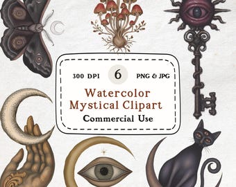 Aquarel mystieke clipartbundel, Witchy esoterisch png (digitale download)