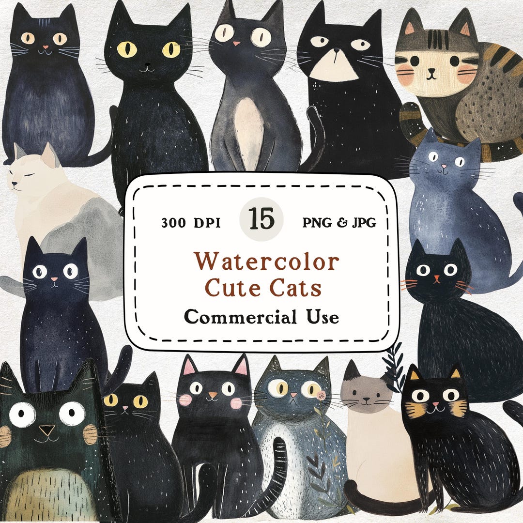 Watercolor Cat Clipart Bundle PNG, Cute Cat Clipart, Black Cat ...