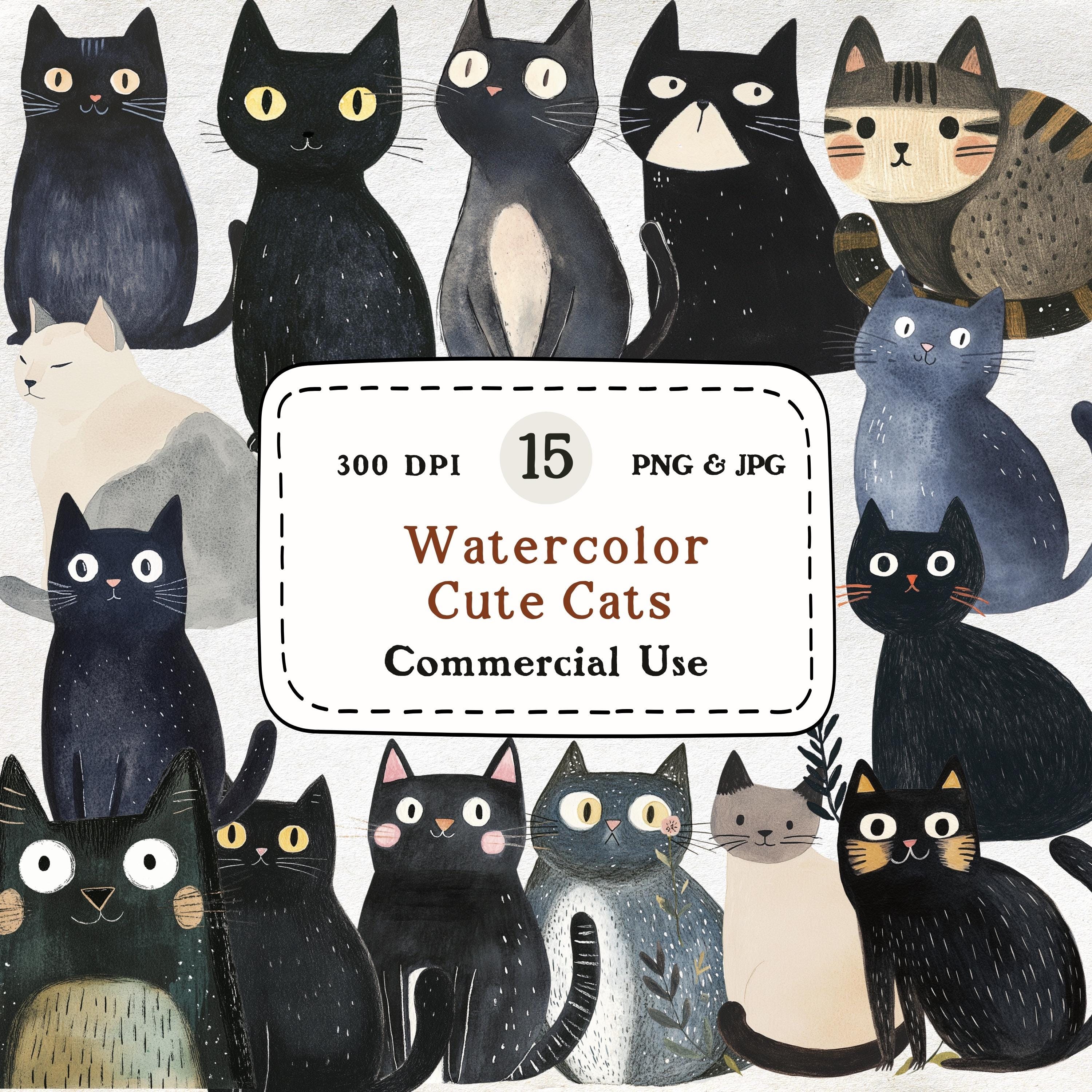 Watercolor Cat Clipart Bundle PNG, Cute Cat Clipart, Black Cat ...