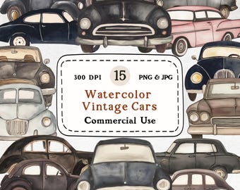 Watercolor Vintage Car Clipart Set – Retro Auto Illustrations (Digital Download)